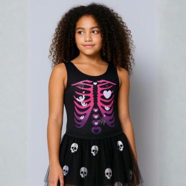 Imagem de Fantasia Garotas Halloween Body Esqueleto Mexicano Rosa e Roxo Pré-Ado