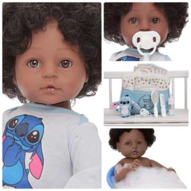 Imagem de Boneco Reborn Realista Negro Roupa Stitch Bolsa Pelúcia - Cegonha Rebo