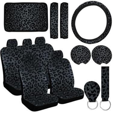 Imagem de JINGSEN 15 peças estampa de leopardo capa de volante de carro console central apoio de braço almofada encosto de cabeça capa de cinto de segurança capa de freio de mão chaveiro conjunto completo carro
