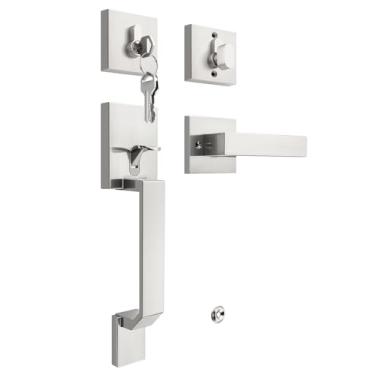 Imagem de Tinewa Maçaneta quadrada de níquel acetinado com maçaneta de porta clássica e fechadura de cilindro único, fechadura de porta de entrada externa atualizada, reversível para destros e canhotos 1 pacote