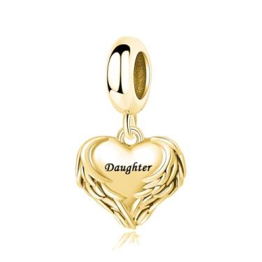 Imagem de LuxglitterLin Pingente banhado a ouro coração asa de anjo filha pingente pingente de contas compatível com pulseira Pandora joia significativa presente para mulheres