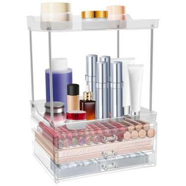 Imagem de UKQRRTC Organizador de maquiagem, caixa de armazenamento de cosméticos transparente multifuncional com gavetas espaçosas, estilo simples, suave e resistente à poeira para bancada, banheiro, cômoda