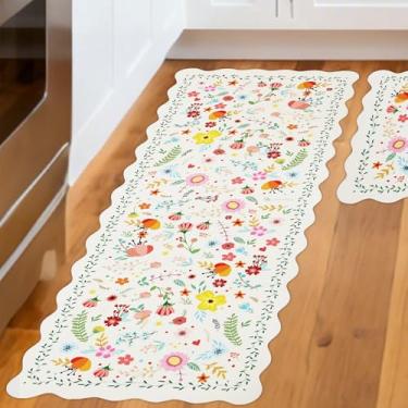 Imagem de CQKEDMA Conjunto de 2 tapetes de cozinha recortados, antiderrapante, lavável, tapetes de cozinha acolchoados antifadiga para o chão, tapete floral boho impermeável para lavatório, lavanderia, banheiro