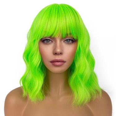 Imagem de Peruca LANCAINI Short Bob com franja solta, ondulada, verde neon