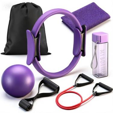 Imagem de Soulchen Conjunto de 7 peças de anel de pilates para mulheres, kit de anel e bola de pilates para exercícios domésticos bola de ioga de 25,4 cm, faixas de resistência, toalha e garrafa frias