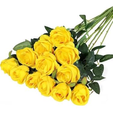 Imagem de 10 Rosas Artificial Amarela Aveludada Individual Dia Das Mães Decoração Arranjo Flor - Flores Artificiais de para Decoração, Beleza Eterna sem Manutenção