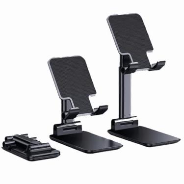Imagem de Suporte Ajustável para Celular e Tablet, Base de Mesa Dobrável e Retrátil, Plástico Preto e Branco, Compatível com Dispositivos 4-10 Polegadas, Rotação 90°, Altura 11cm