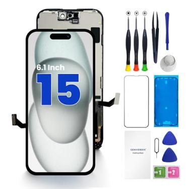 Imagem de Para substituição de tela do iPhone 15, tela LCD sensível ao toque 3D de 6,1 polegadas, kit de reparo Full HD Genverdix, conjunto de digitalizador com conjunto de ferramentas, vidro temperado, adesivo