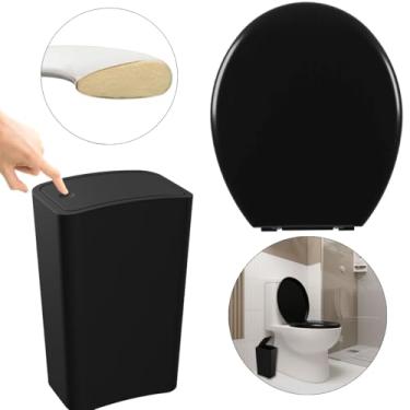 Imagem de Assento Vaso Sanitário Oval Almofadado Preto + Lixeira Preta 8L Com Tampa Click