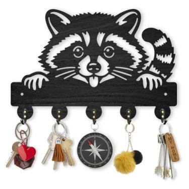 Imagem de MAYJOYDIY Lindo porta-chaves de madeira guaxinim zoológico para parede 29 × 19 cm suporte decorativo de parede com 5 ganchos de liga para entrada, cozinha, escritório, quarto, presente