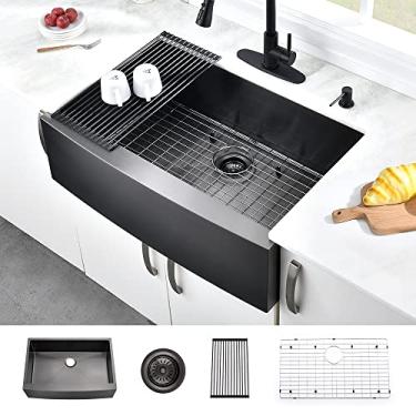 Imagem de Pia de fazenda preta de 83,82 cm - Avental Hosino Curvado Dianteiro Pia de cozinha 16 Calibre Único Tigela bronze Fosco Preto Aço Inoxidável Pia de cozinha