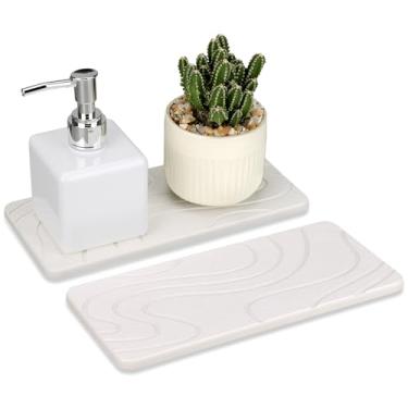 Imagem de 2 peças de bandeja de pedra absorvente de água para pia tapete de secagem de pratos de terra de diatomáceas para balcão de cozinha, saboneteira, diatomita branca, pia, banheiro, bandejas, porta-copos