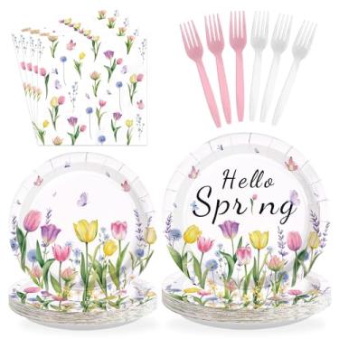 Imagem de Greencian 96 peças de suprimentos de festa floral de primavera tulipa pratos e guardanapos aquarela tulipa conjunto de talheres para primavera verão casamento aniversário noiva chá de bebê piquenique