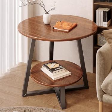 Imagem de Mesa de centro industrial de 2 camadas, mesa de centro de madeira, mesa lateral para sala de estar, mesa de centro redonda, para sala de estar, escritório em casa, montagem fácil (48 cm/18,9 pol.)