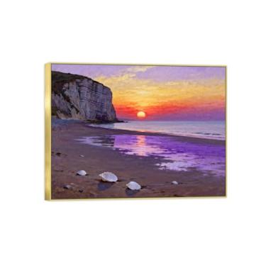Imagem de BMZFYBS Quadro dourado arte de parede paisagem impressões em tela - pôr do sol de praia pintura decoração - imagens para quarto 70 x 90 cm 27 x 35 pol