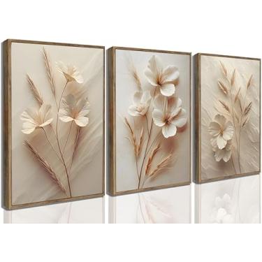 Imagem de Impressão 3D emoldurada 3 peças em tela botânica bege neutra arte de parede moderna simples textura flor planta pintura imagem decoração de parede vintage flor pôster impressão arte para sala de estar