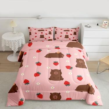 Imagem de Feelyou Jogo de cama fofo de capivara, rosa, kawaii, morango, para todas as estações, com 1 fronha, desenho animado, animal, microfibra, para decoração de quarto, edredom respirável, macio