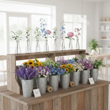 Imagem de Patelai 16 peças de decoração de mesa de casamento, 6 vasos de metal, 10 vasos de vidro, 1 corda de cânhamo, 15 etiquetas de presente, casa de fazenda, flores francesas, balde, suporte de flores para