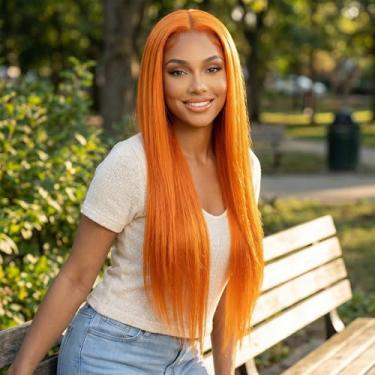 Imagem de Peruca frontal reta de cabelo humano, 33 x 4 perucas sem cola para mulheres pré-arrancadas, perucas de cabelo humano liso natural de 76 cm, laranja