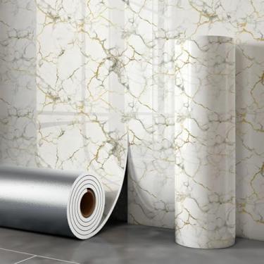 Imagem de ESSMOKO Papel de parede dourado imitação de azulejo de mármore efeito de mármore autoadesivo papel de parede impermeável para paredes de cozinha e banheiro padrão fino 40 * 300 cm