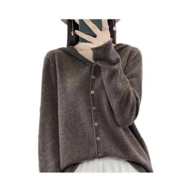 Imagem de Cardigã Feminino De Lã Merino 100% Tricotado, Moletom Com Capuz Para O