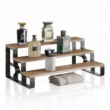 Imagem de Prateleira moderna de 3 camadas de colônia e perfume, madeira cinza com moldura preta, suporte organizador de bancada para armazenamento de fragrâncias (nogueira, 3 camadas - largura = 28,4 cm)