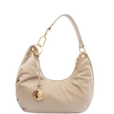 Imagem de Bolsa Hobo Feminina Leopoldine Couro Legítimo Bege com Fecho em Zíper-Feminino