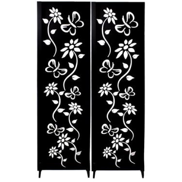 Imagem de 2 Biombo Pintado Divisoria Preto Branco Separador de Ambiente MDF Com Pés (Preto, Floral)