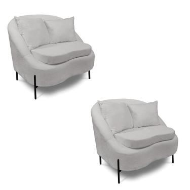 Imagem de Poltrona Decorativa Orgânica Pé De Metal Preto Kit 2 Zaya Bouclê C05 - D'rossi Cinza