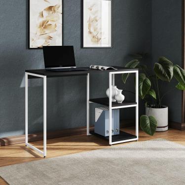 Imagem de Mesa Escritório Berlim Industrial Com Prateleira Ferro Branco Tampo 110x46 Preto