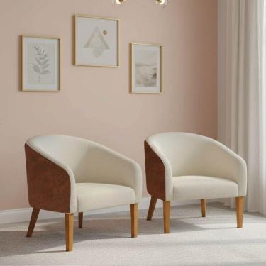 Imagem de Poltrona Sala Decorativa Kit 2 Stella Pé Madeira Trapézio Castanho Sintético Pu Nozes-bouclê Bege D03 - D'rossi