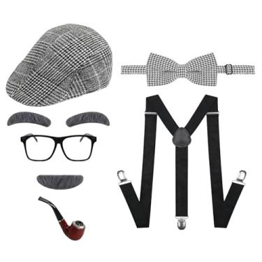 Imagem de AiMiAO Fantasia infantil 100 dias de escola para meninos anos 1920 velho avô conjunto de roupas cosplay Halloween acessórios de fantasia, Cinza, 5pcs
