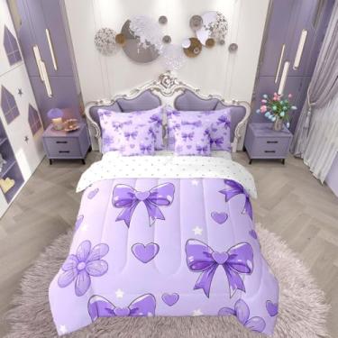 Imagem de jejeloiu Conjunto de edredom solteiro com laço e laço para crianças, meninos, meninas, 7 peças, roxo, decoração de quarto de microfibra leve e macia