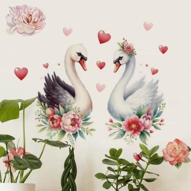 Imagem de Adesivos de parede Romantic Swan Pair of Swans com flores 30x60cm - yi