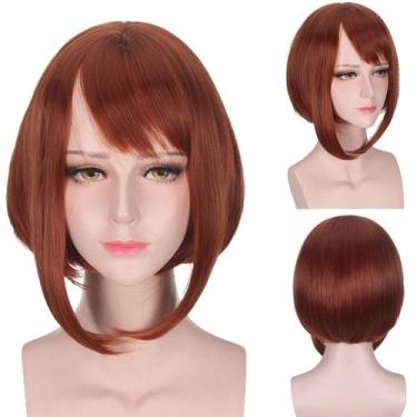 Imagem de Peruca de cosplay, curta, cortada com franja, 35 cm, marrom sintética 