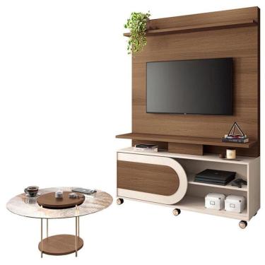 Imagem de Estante Home Theater órbis Castanho Off White E Mesa De Centro Sky Com Tampo De Vidro Castanho- Hb Móveis