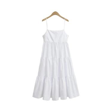 Imagem de Vestido Maxi De Algodão Branco Para Mulheres Com Alças Cruzadas E Saia