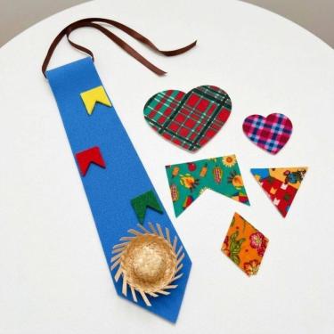 Imagem de Kit Festa Junina Gravata Caipira + 5 Retalhos Autocolantes para Customizar Roupa