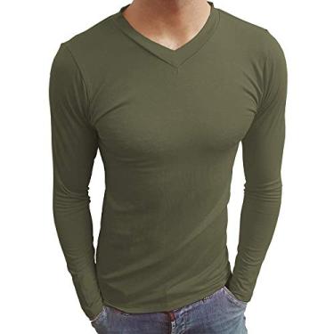 Imagem de Camiseta Masculina Gola V Rasa Manga Longa cor:verde-musgo;tamanho:g