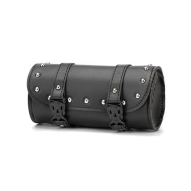 Imagem de Bolsa de ferramentas para motocicleta, bolsa universal para garfo de guidão de bicicleta, alforjes de couro PU preto, bolsa de armazenamento Sissybar à prova d'água com 2 alças