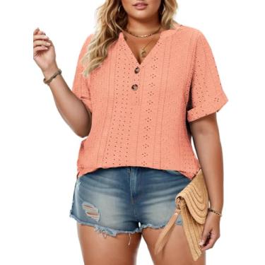 Imagem de VISLILY Camisetas femininas plus size verão manga curta gola V blusas modernas com ilhós, lindas túnicas de botões, 04_coral, 3G Plus Size