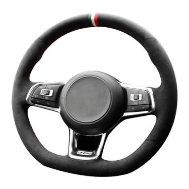 Imagem de Alfanxi Costura à mão Itália Alcantara capa de volante de carro para Volkswagen Golf GTI/Golf R/Jetta GLI (3 listras coloridas)