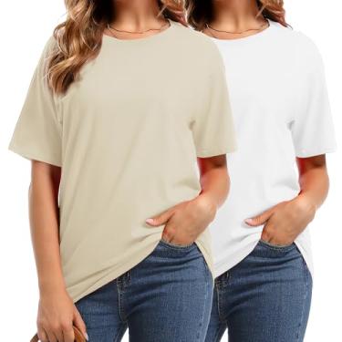 Imagem de ALRRGPB Camiseta de algodão feminina gola redonda manga curta básica plus size com 5GG multipacks, Branco/Bege, XXG