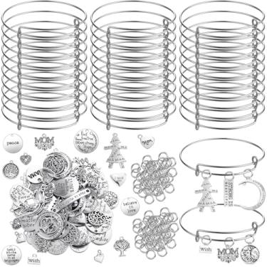 Imagem de Kit de 294 peças para fazer pulseiras com palavras de família e mãe, 30 peças, pulseiras expansíveis, ajustáveis, 64 peças, pingente de coração de amor, em forma de lua, para o dia das mães, 200 peças, anel de salto para artesanato faça você mesmo