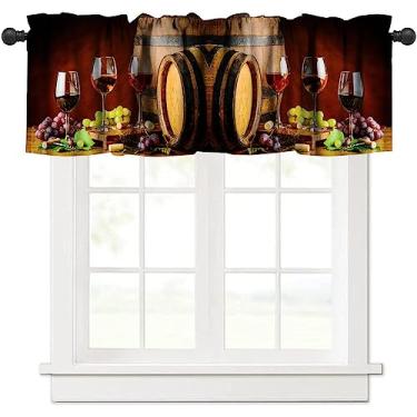 Imagem de Cortinas de cozinha de vinho, saia de janela, copos de uvas para vinho tinto na mesa de madeira, degustação gourmet francesa, barris marrons românticos, para quarto, sala de estar, cozinha, café, 1