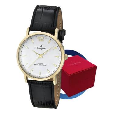 Imagem de Relógio Feminino Champion Dourado Pulseira Couro Preta Analógico Luxo 