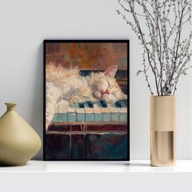 Imagem de Quadro Decorativo Arte Gato No Piano 24X18Cm - Com Vidro