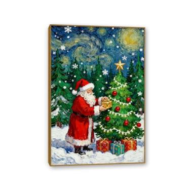 Imagem de Zeichn8u Vintage aconchegante Papai Noel arte de parede presentes pintura impressão azul céu estrelado floresta país cabine decoração inverno impressão para sala de estar decoração de parede 105x70cm