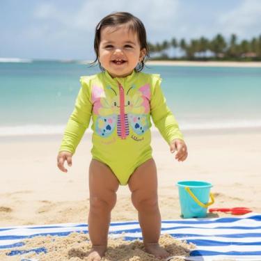 Imagem de Macacão Bebê Infantil Borboleta Maiô Menina Manga Longa Proteção Uv50 