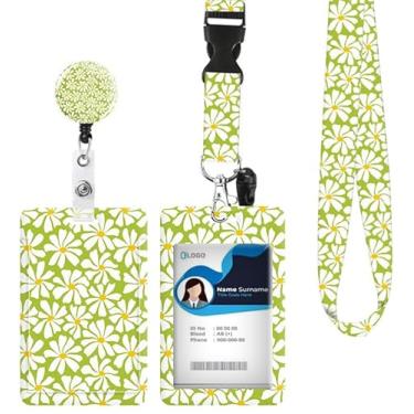 Imagem de Porta-crachá de identificação com cordão retrátil e chaveiro, carretel de crachá com mosquetão giratório, margarida verde, etiqueta de nome, cordão protetor de identidade, clipes para estudantes